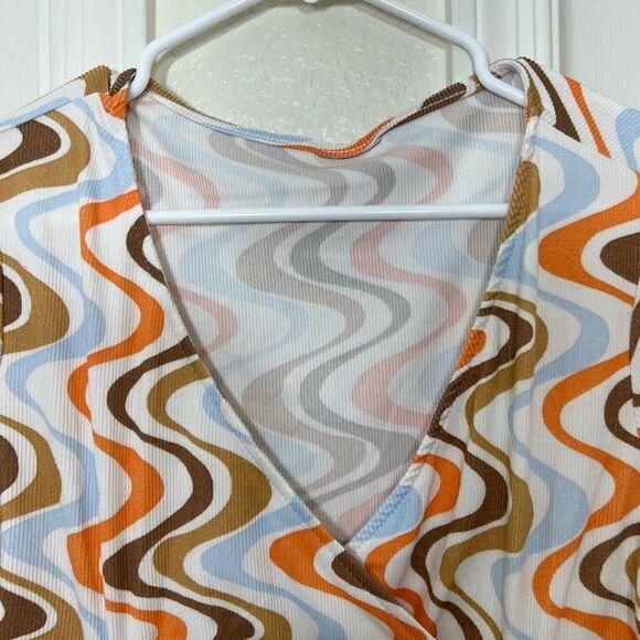Funky Retro 70’s Top White Blue Brown Orange Geo Stripes Ribbed Short Sleeve XL - Picture 7 of 10